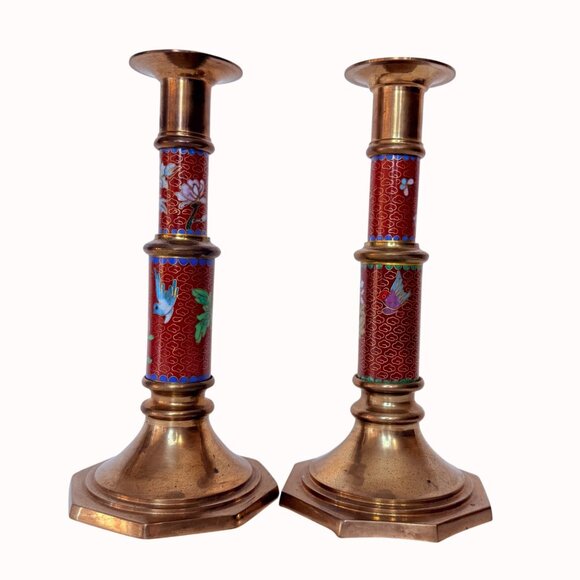 Cloisonne Brass Candlestick Holders Floral Bird Set Of 2 VTG Eclectic Home Decor - Picture 5 of 15